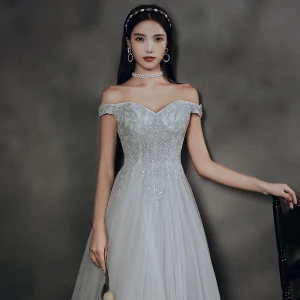 Elegant Grey Dancing Prom Dresses 2020 A Line Princess Off The Shoulder Short Sleeve Beading Floor Length Long Ruffle Backless Formal Dresses