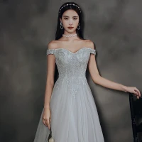 Elegante Grau Tanzen Ballkleider 2020 A Linie Off Shoulder Kurze Ärmel Perlenstickerei Lange Rüschen Rückenfreies Festliche Kleider