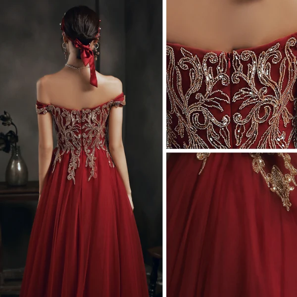 Elegant Grey Dancing Prom Dresses 2020 A-Line / Princess Off-The-Shoulder Short Sleeve Beading Floor-Length / Long Ruffle Backless Formal Dresses