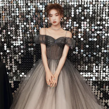 Elegant Black Gradient Color Grey Dancing Prom Dresses 2020 A Line Princess Off The Shoulder Spaghetti Straps Short Sleeve Beading Glitter Tulle Floor Length Long Ruffle Backless Formal Dresses