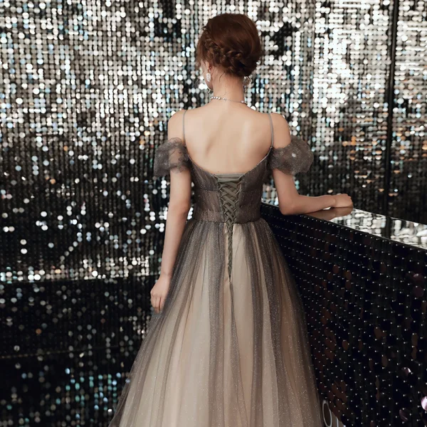 Elegant Black Gradient-Color Grey Dancing Prom Dresses 2020 A-Line / Princess Off-The-Shoulder Spaghetti Straps Short Sleeve Beading Glitter Tulle Floor-Length / Long Ruffle Backless Formal Dresses