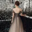 Elegant Black Gradient-Color Grey Dancing Prom Dresses 2020 A-Line / Princess Off-The-Shoulder Spaghetti Straps Short Sleeve Beading Glitter Tulle Floor-Length / Long Ruffle Backless Formal Dresses