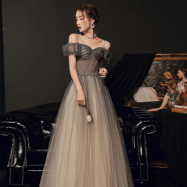 Elegant Black Gradient-Color Grey Dancing Prom Dresses 2020 A-Line / Princess Off-The-Shoulder Spaghetti Straps Short Sleeve Beading Glitter Tulle Floor-Length / Long Ruffle Backless Formal Dresses