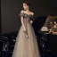 Elegant Black Gradient-Color Grey Dancing Prom Dresses 2020 A-Line / Princess Off-The-Shoulder Spaghetti Straps Short Sleeve Beading Glitter Tulle Floor-Length / Long Ruffle Backless Formal Dresses