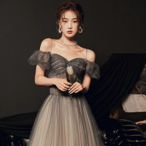 Elegant Black Gradient-Color Grey Dancing Prom Dresses 2020 A-Line / Princess Off-The-Shoulder Spaghetti Straps Short Sleeve Beading Glitter Tulle Floor-Length / Long Ruffle Backless Formal Dresses