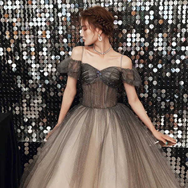 Elegant Black Gradient-Color Grey Dancing Prom Dresses 2020 A-Line / Princess Off-The-Shoulder Spaghetti Straps Short Sleeve Beading Glitter Tulle Floor-Length / Long Ruffle Backless Formal Dresses
