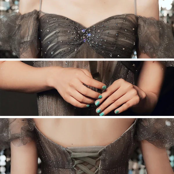 Elegant Black Gradient-Color Grey Dancing Prom Dresses 2020 A-Line / Princess Off-The-Shoulder Spaghetti Straps Short Sleeve Beading Glitter Tulle Floor-Length / Long Ruffle Backless Formal Dresses