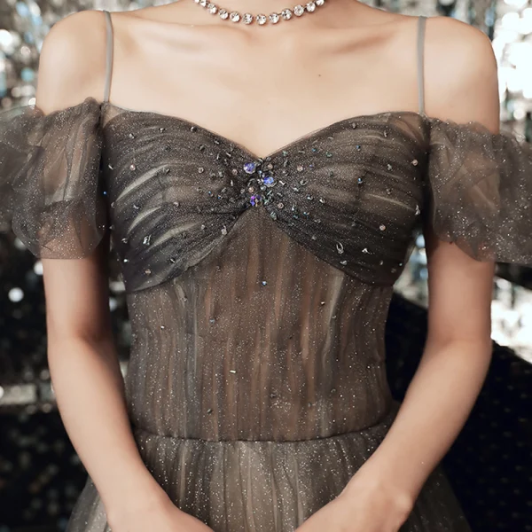 Elegant Black Gradient-Color Grey Dancing Prom Dresses 2020 A-Line / Princess Off-The-Shoulder Spaghetti Straps Short Sleeve Beading Glitter Tulle Floor-Length / Long Ruffle Backless Formal Dresses