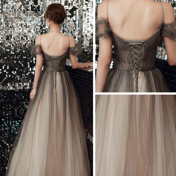 Elegant Black Gradient-Color Grey Dancing Prom Dresses 2020 A-Line / Princess Off-The-Shoulder Spaghetti Straps Short Sleeve Beading Glitter Tulle Floor-Length / Long Ruffle Backless Formal Dresses
