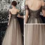 Elegant Black Gradient-Color Grey Dancing Prom Dresses 2020 A-Line / Princess Off-The-Shoulder Spaghetti Straps Short Sleeve Beading Glitter Tulle Floor-Length / Long Ruffle Backless Formal Dresses