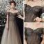 Elegant Black Gradient-Color Grey Dancing Prom Dresses 2020 A-Line / Princess Off-The-Shoulder Spaghetti Straps Short Sleeve Beading Glitter Tulle Floor-Length / Long Ruffle Backless Formal Dresses