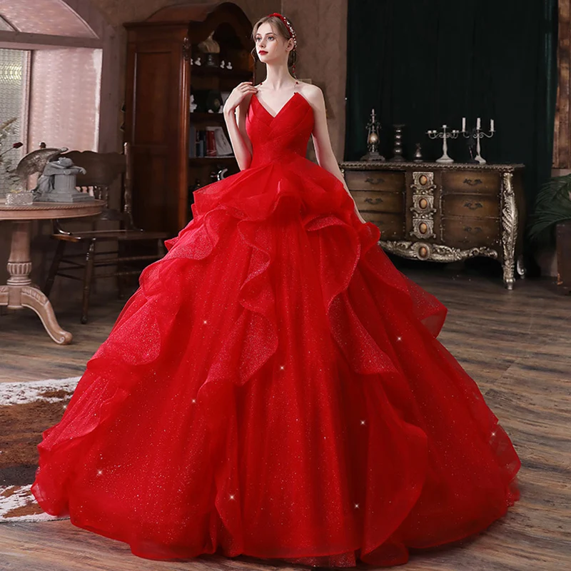 Fine Rød Bryllups Brudekjoler 2020 Ballkjole Kjæreste Uten Ermer Ryggløse Glitter Tyll Cathedral Train Buste