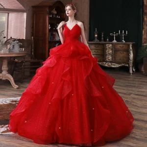 Schöne Rot Hochzeits Brautkleider Hochzeitskleider 2020 Ballkleid Herz Ausschnitt Ärmellos Rückenfreies Glanz Tülle Kathedrale Schleppe Rüschen