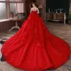 Chic / Beautiful Red Bridal Wedding Dresses 2020 Ball Gown Sweetheart Sleeveless Backless Glitter Tulle Cathedral Train Ruffle