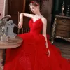 Chic / Beautiful Red Bridal Wedding Dresses 2020 Ball Gown Sweetheart Sleeveless Backless Glitter Tulle Cathedral Train Ruffle