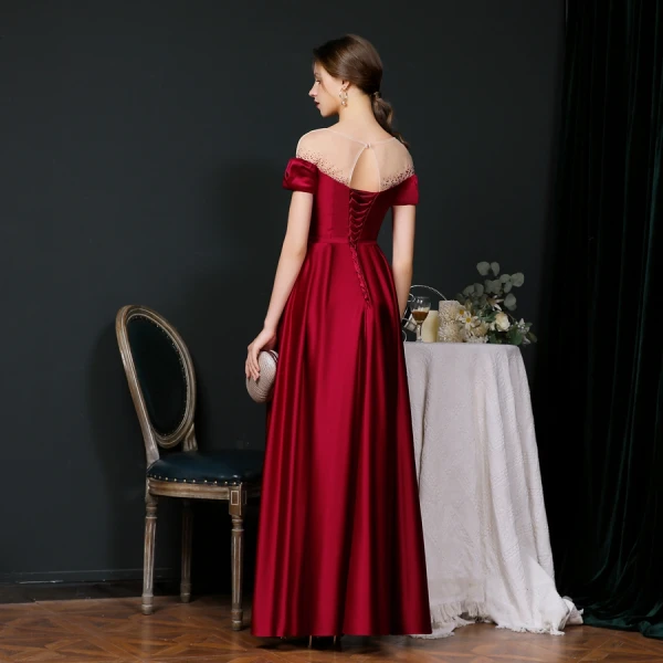 Modest / Simple Burgundy Satin See-through Evening Dresses  2020 A-Line / Princess Square Neckline Short Sleeve Rhinestone Sash Floor-Length / Long Ruffle Backless Formal Dresses