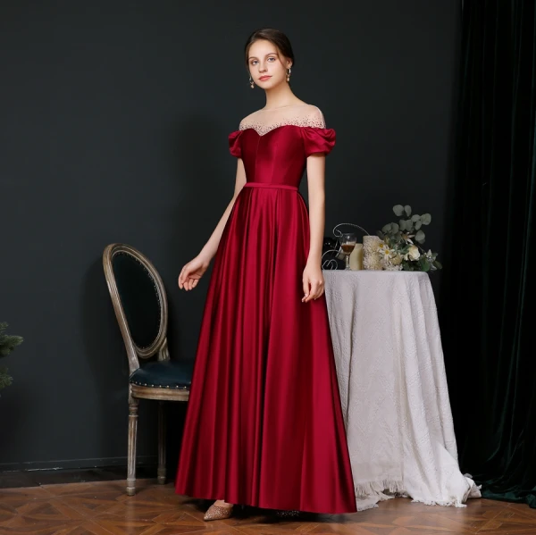 Modest / Simple Burgundy Satin See-through Evening Dresses  2020 A-Line / Princess Square Neckline Short Sleeve Rhinestone Sash Floor-Length / Long Ruffle Backless Formal Dresses