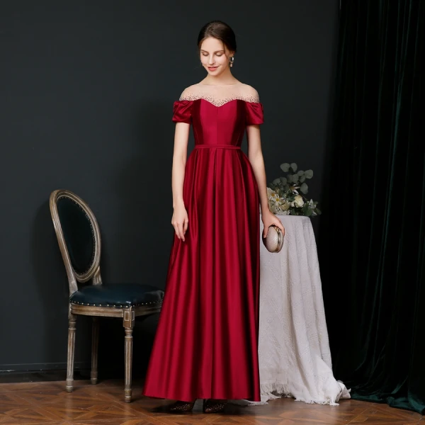Modest / Simple Burgundy Satin See-through Evening Dresses  2020 A-Line / Princess Square Neckline Short Sleeve Rhinestone Sash Floor-Length / Long Ruffle Backless Formal Dresses