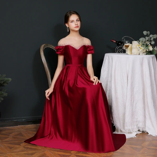 Modest / Simple Burgundy Satin See-through Evening Dresses  2020 A-Line / Princess Square Neckline Short Sleeve Rhinestone Sash Floor-Length / Long Ruffle Backless Formal Dresses