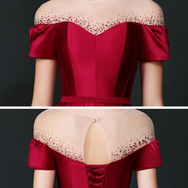 Modest / Simple Burgundy Satin See-through Evening Dresses  2020 A-Line / Princess Square Neckline Short Sleeve Rhinestone Sash Floor-Length / Long Ruffle Backless Formal Dresses
