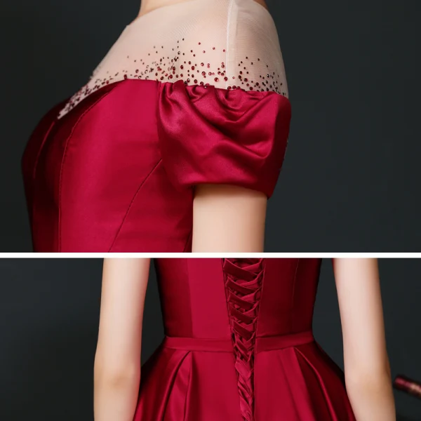 Modest / Simple Burgundy Satin See-through Evening Dresses  2020 A-Line / Princess Square Neckline Short Sleeve Rhinestone Sash Floor-Length / Long Ruffle Backless Formal Dresses