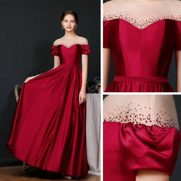 Modest / Simple Burgundy Satin See-through Evening Dresses  2020 A-Line / Princess Square Neckline Short Sleeve Rhinestone Sash Floor-Length / Long Ruffle Backless Formal Dresses
