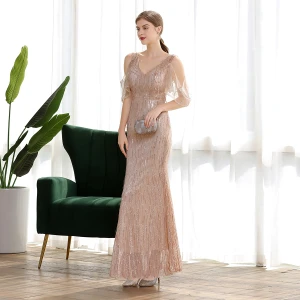 Sparkly Champagne Paljetter Selskapskjoler 2020 Trompet Havfrue V Hals Korte Ermer Rhinestone Lange Buste Ryggløse Formelle Kjoler