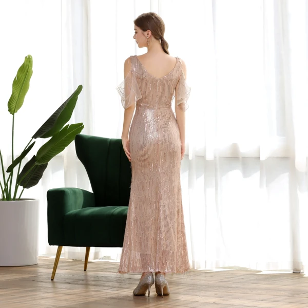 Scintillantes Champagne Paillettes Robe De Soirée 2020 Trompette / Sirène V-Cou Manches Courtes Faux Diamant Longue Volants Dos Nu Robe De Ceremonie