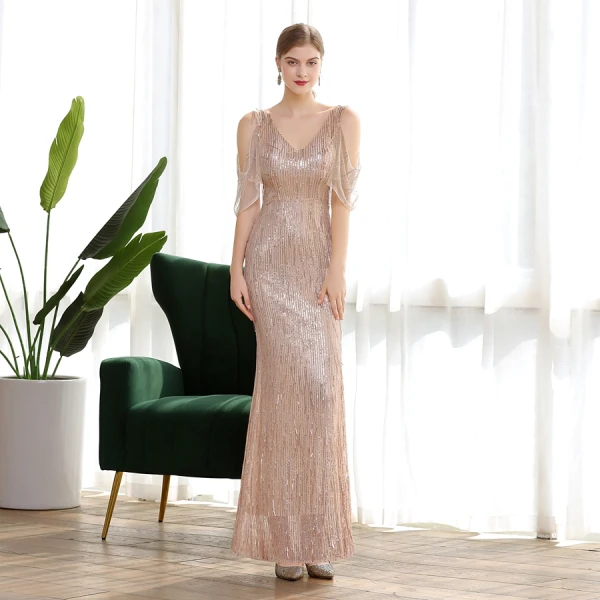 Scintillantes Champagne Paillettes Robe De Soirée 2020 Trompette / Sirène V-Cou Manches Courtes Faux Diamant Longue Volants Dos Nu Robe De Ceremonie