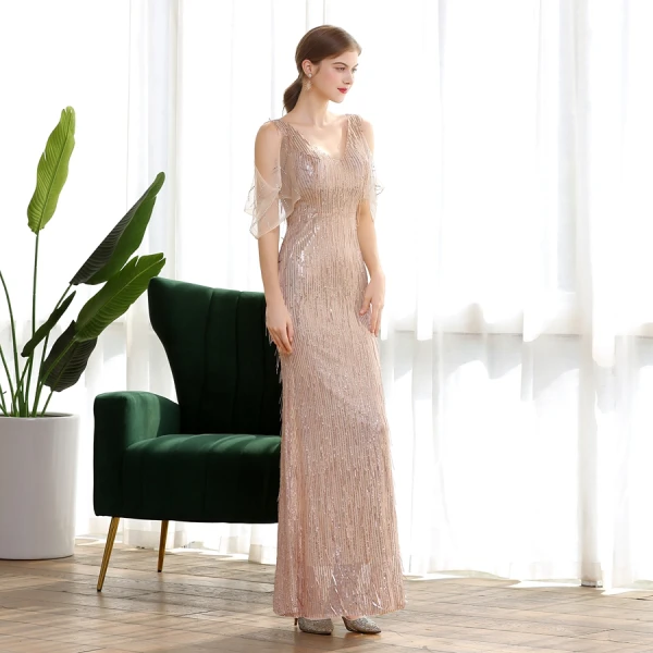 Scintillantes Champagne Paillettes Robe De Soirée 2020 Trompette / Sirène V-Cou Manches Courtes Faux Diamant Longue Volants Dos Nu Robe De Ceremonie