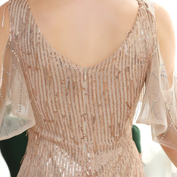 Scintillantes Champagne Paillettes Robe De Soirée 2020 Trompette / Sirène V-Cou Manches Courtes Faux Diamant Longue Volants Dos Nu Robe De Ceremonie