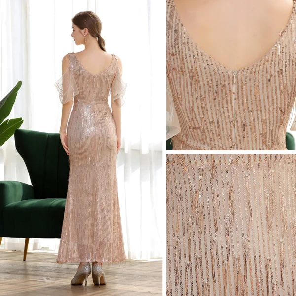 Scintillantes Champagne Paillettes Robe De Soirée 2020 Trompette / Sirène V-Cou Manches Courtes Faux Diamant Longue Volants Dos Nu Robe De Ceremonie