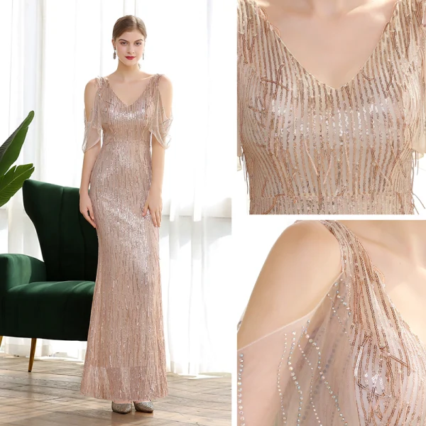 Scintillantes Champagne Paillettes Robe De Soirée 2020 Trompette / Sirène V-Cou Manches Courtes Faux Diamant Longue Volants Dos Nu Robe De Ceremonie