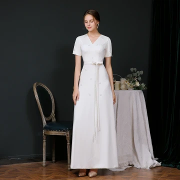 Modest Simple White Evening Dresses 2020 A Line Princess V Neck Short Sleeve Beading Pearl Sash Floor Length Long Ruffle Formal Dresses