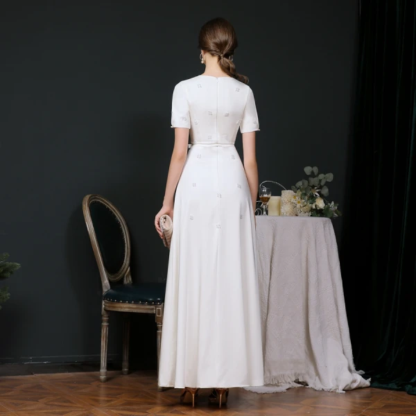 Modest Simple White Evening Dresses 2020 A-Line Princess V-Neck Short Sleeve Beading Modest Simple White Evening Dresses 2020 A-Line Princess V-Neck Short Sleeve Beading