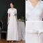 Modest / Simple White Evening Dresses  2020 A-Line / Princess V-Neck Short Sleeve Beading Pearl Sash Floor-Length / Long Ruffle Formal Dresses