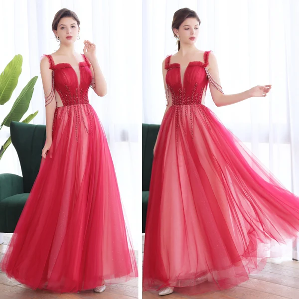 Chic / Belle Bordeaux Dansant Robe De Bal 2020 Princesse Bretelles Spaghetti Sans Manches Perlage Longue Volants Dos Nu Robe De Ceremonie