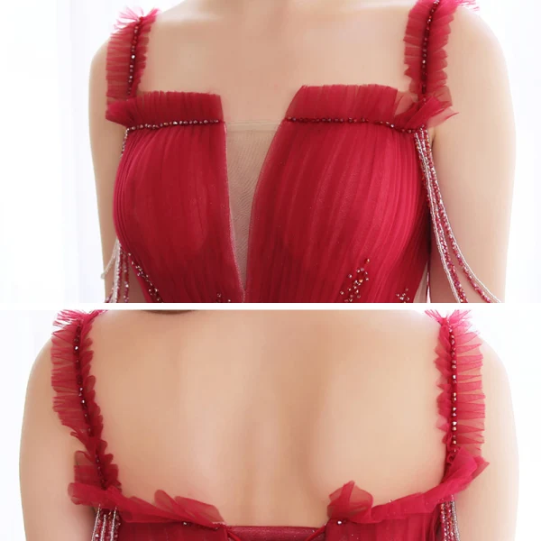 Chic / Belle Bordeaux Dansant Robe De Bal 2020 Princesse Bretelles Spaghetti Sans Manches Perlage Longue Volants Dos Nu Robe De Ceremonie