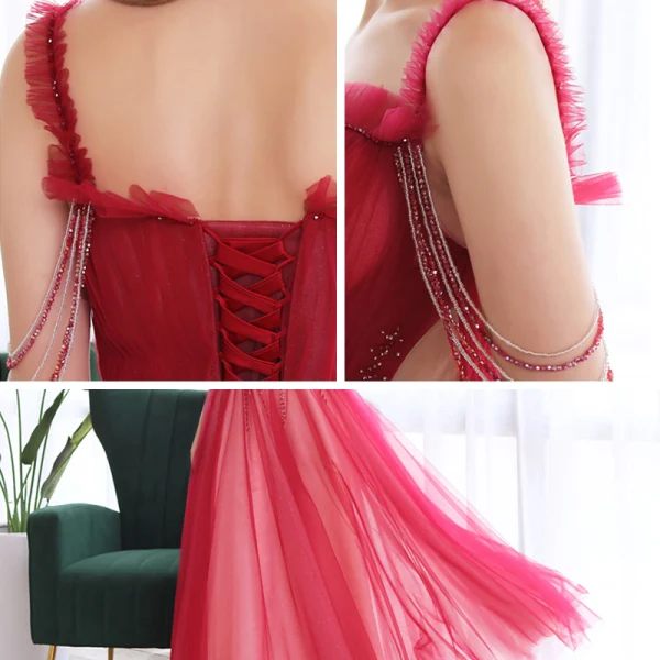 Chic / Belle Bordeaux Dansant Robe De Bal 2020 Princesse Bretelles Spaghetti Sans Manches Perlage Longue Volants Dos Nu Robe De Ceremonie