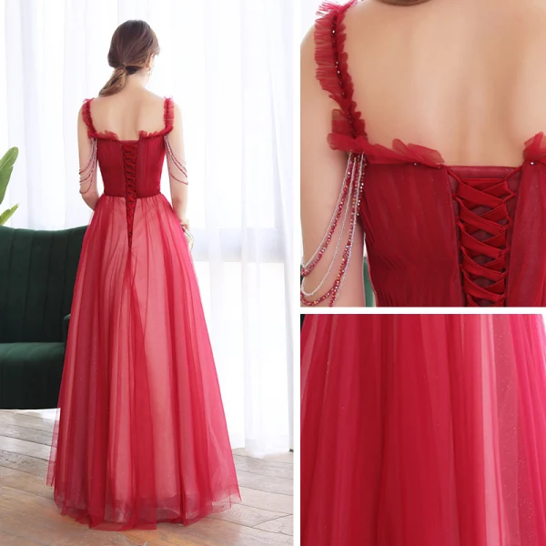 Chic / Belle Bordeaux Dansant Robe De Bal 2020 Princesse Bretelles Spaghetti Sans Manches Perlage Longue Volants Dos Nu Robe De Ceremonie