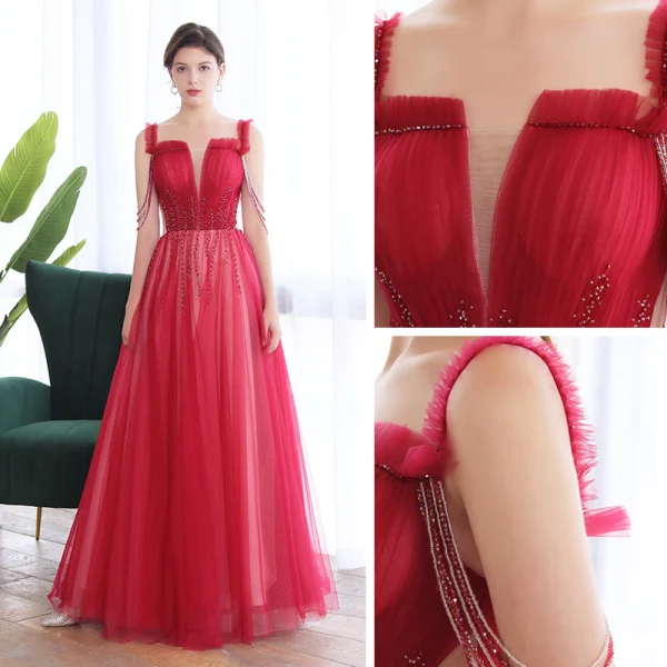 Chic / Belle Bordeaux Dansant Robe De Bal 2020 Princesse Bretelles Spaghetti Sans Manches Perlage Longue Volants Dos Nu Robe De Ceremonie