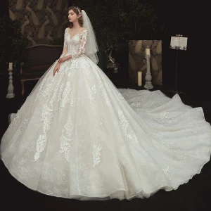 Charming Champagne See Through Bridal Wedding Dresses 2020 Ball Gown Scoop Neck 3 4 Sleeve Appliques Lace Beading Pearl Cathedral Train Ruffle