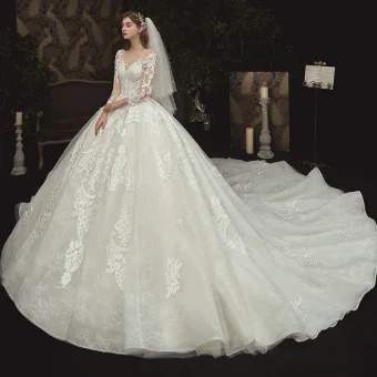 Charming Champagne See Through Bridal Wedding Dresses 2020 Ball Gown Scoop Neck 3 4 Sleeve Appliques Lace Beading Pearl Cathedral Train Ruffle