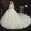 Charming Champagne See-through Bridal Wedding Dresses 2020 Ball Gown Scoop Neck 3/4 Sleeve Appliques Lace Beading Pearl Cathedral Train Ruffle