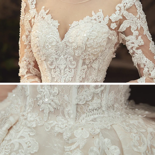 Charming Champagne See-through Bridal Wedding Dresses 2020 Ball Gown Scoop Neck 3/4 Sleeve Appliques Lace Beading Pearl Cathedral Train Ruffle