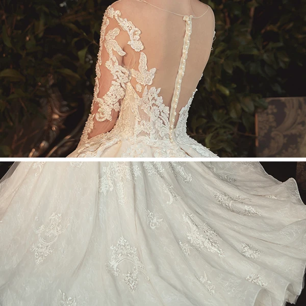 Charming Champagne See-through Bridal Wedding Dresses 2020 Ball Gown Scoop Neck 3/4 Sleeve Appliques Lace Beading Pearl Cathedral Train Ruffle