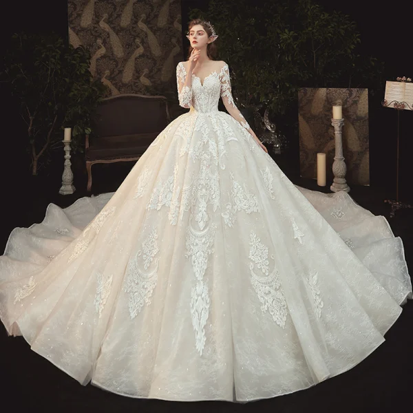 Charming Champagne See-through Bridal Wedding Dresses 2020 Ball Gown Scoop Neck 3/4 Sleeve Appliques Lace Beading Pearl Cathedral Train Ruffle