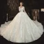 Charming Champagne See-through Bridal Wedding Dresses 2020 Ball Gown Scoop Neck 3/4 Sleeve Appliques Lace Beading Pearl Cathedral Train Ruffle