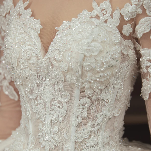 Charming Champagne See-through Bridal Wedding Dresses 2020 Ball Gown Scoop Neck 3/4 Sleeve Appliques Lace Beading Pearl Cathedral Train Ruffle