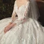 Charming Champagne See-through Bridal Wedding Dresses 2020 Ball Gown Scoop Neck 3/4 Sleeve Appliques Lace Beading Pearl Cathedral Train Ruffle